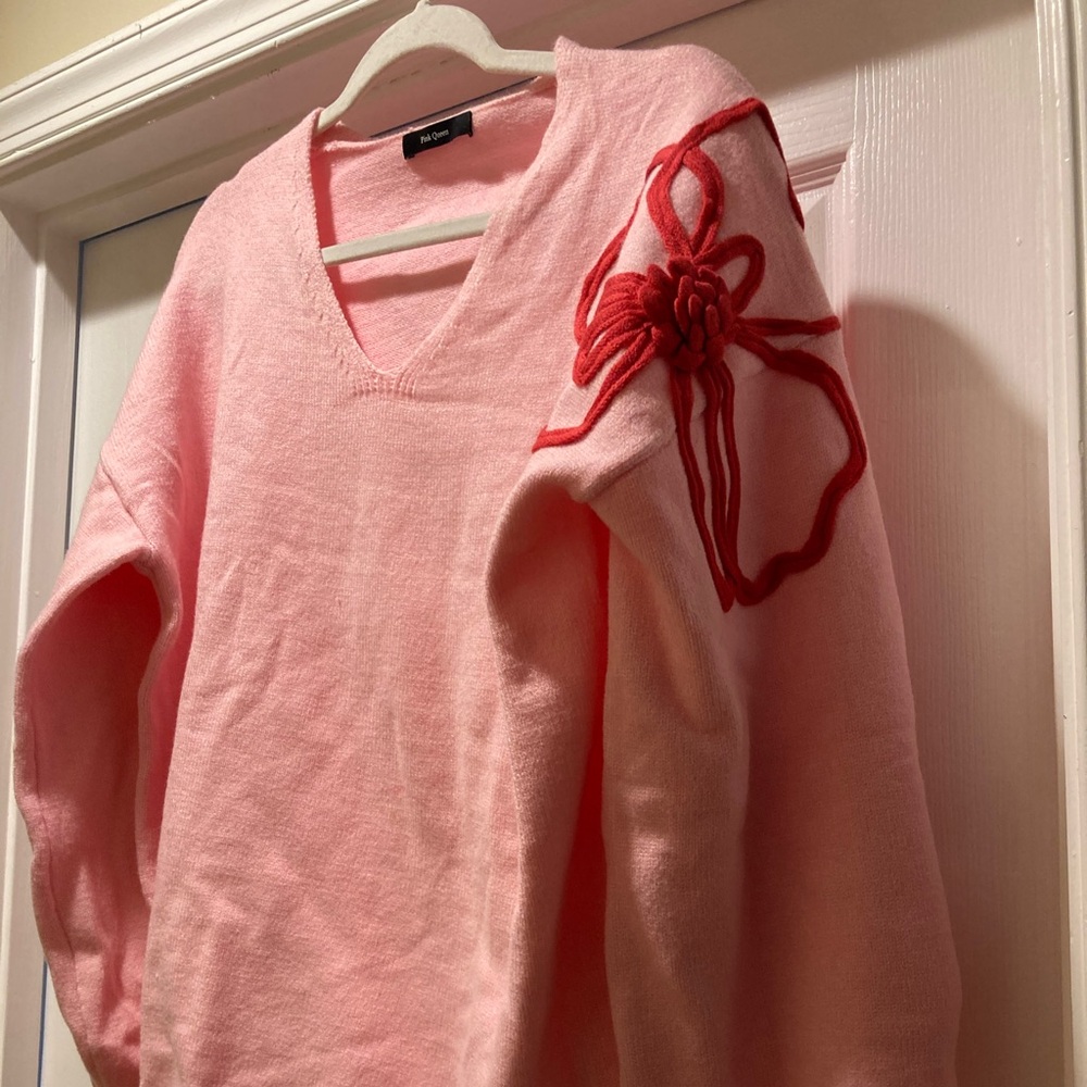 Pink V-Neck Sweater with Red Floral Applique